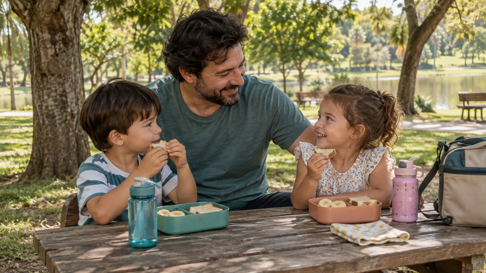 Pai acompanha os gêmeos durante uma pausa para lanche no parque.