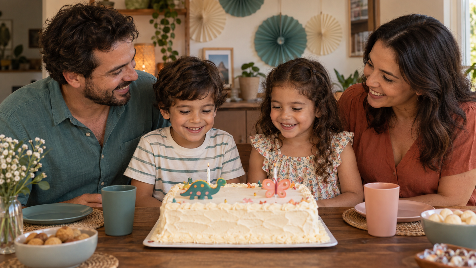 Gêmeos comemoram o aniversário em uma pequena festa familiar.