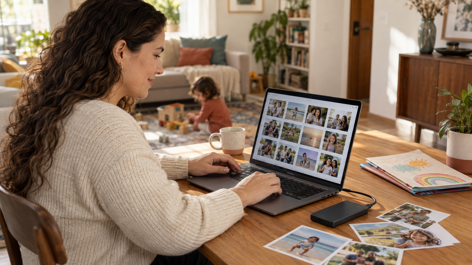 Organização de fotografias da família no computador com cópia em unidade externa.